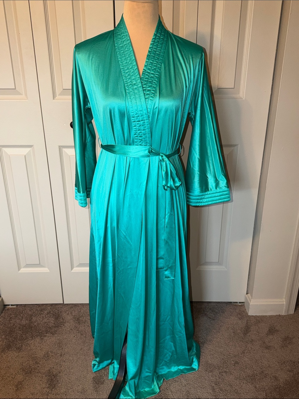 Vintage Vanity Fair Teal Long Sleeve Lightweight Satin Robe Women's XS